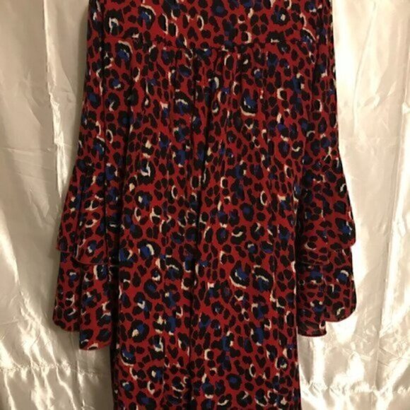 Red Leopard 70s V Neck  Tier  Hippie Bell Sleeve Bohemian Mini Dress M - Picture 10 of 14